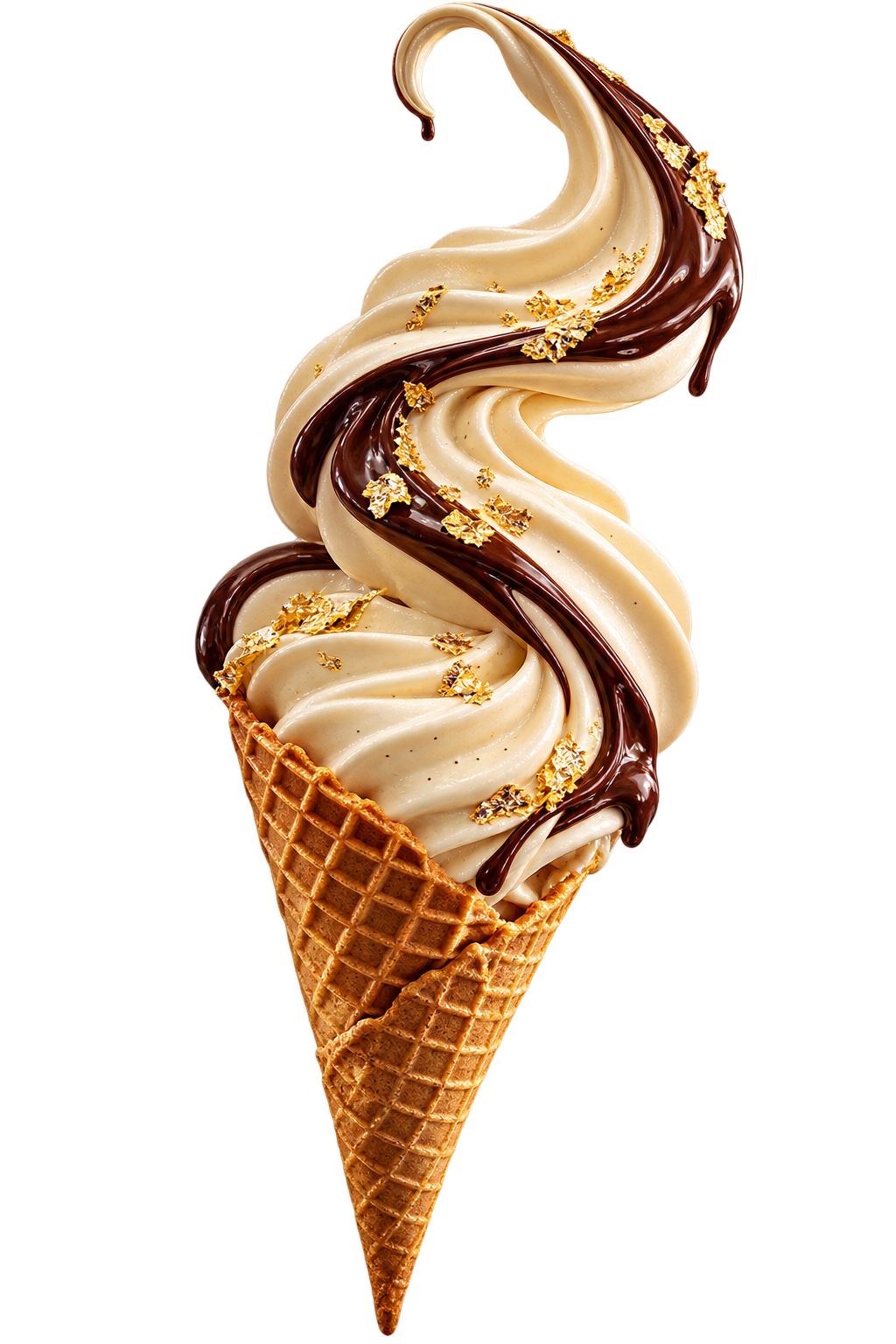 Sculptural swirl of cream and chocolate in a waffle cone