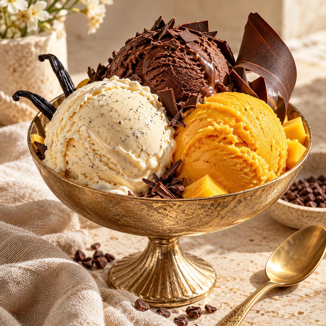 Vanilla, chocolate and mango scoops in a golden coupe