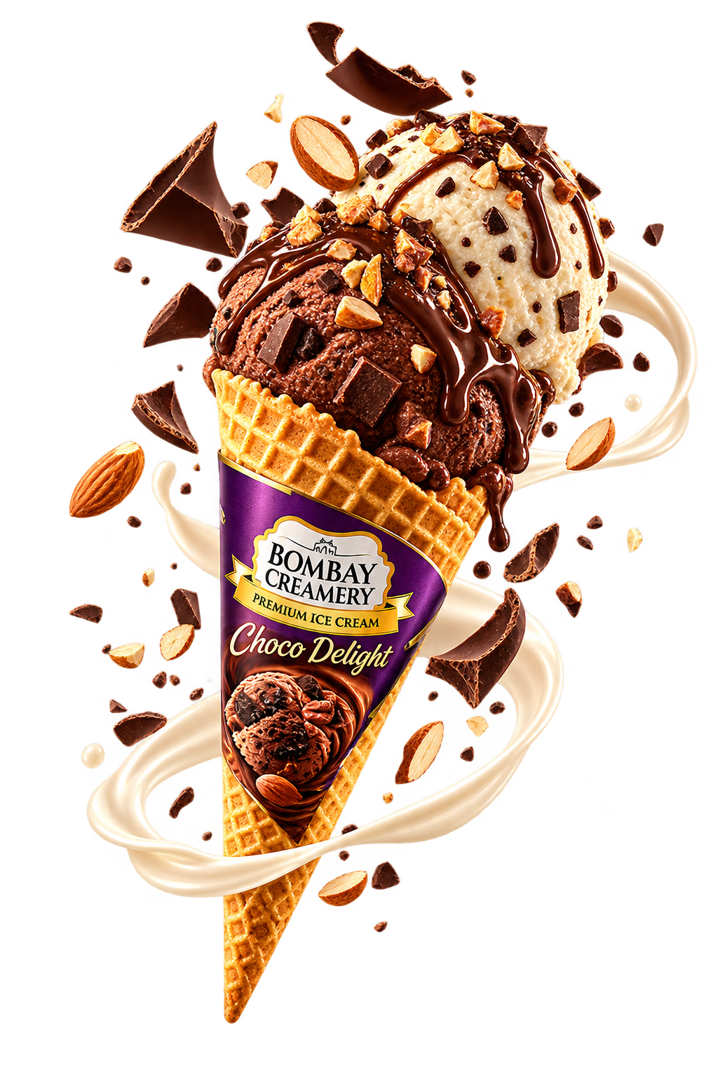 Bombay Creamery Choco Delight cone with chocolate, almonds and swirling cream