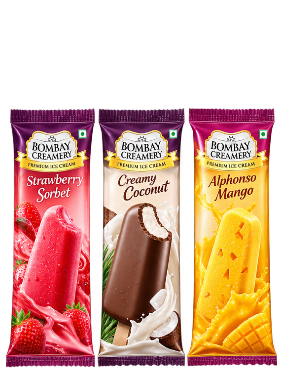 Bombay Creamery Strawberry Sorbet, Creamy Coconut and Alphonso Mango sticks